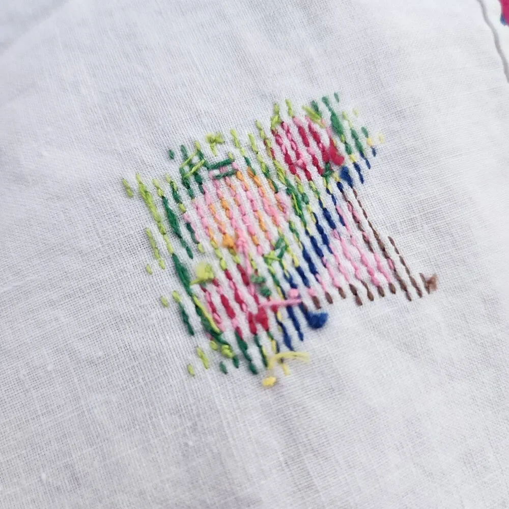 2 Vintage Cotton Handkerchief Hankie Embroidered Cross Stitch w/Flower Bouquet